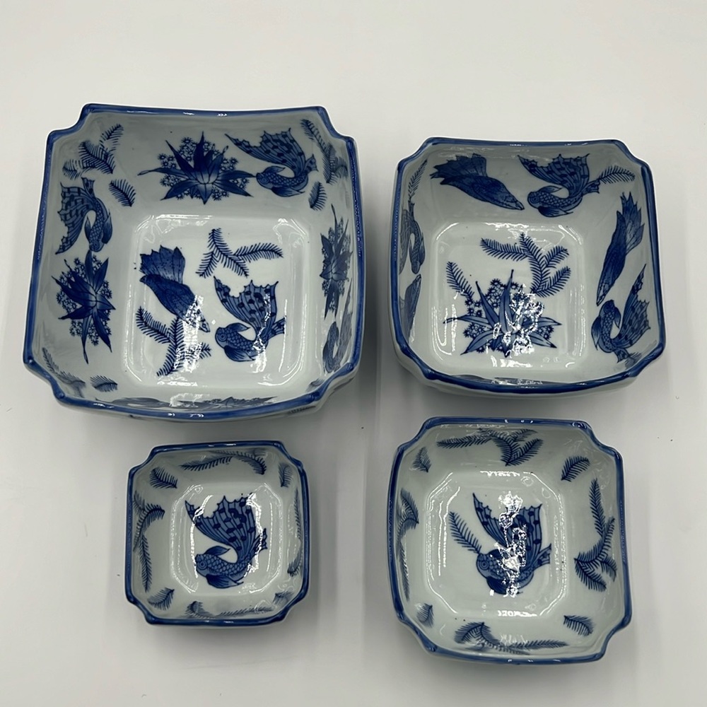 Set of 4-Graduated Hand Painted Cobalt Blue Decorative Bowls